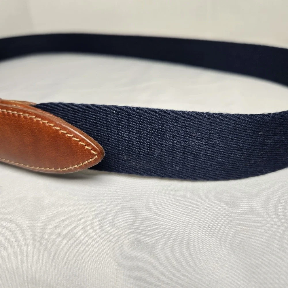 Woven Leather Brass Buckle Belt Navy Leather Ends Mens 40 Preppy Office Classic
